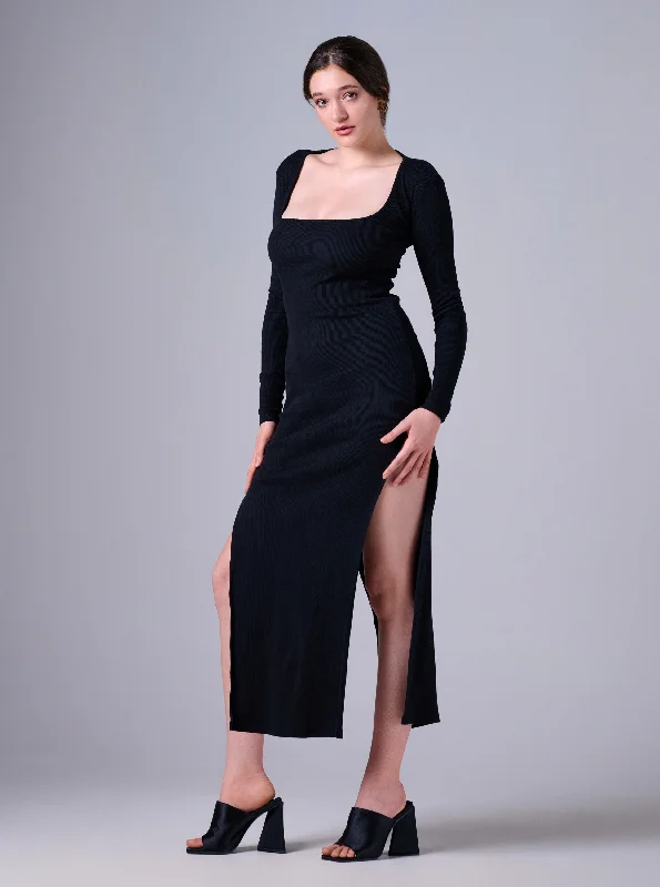 Mermaid - Style Women Dress with a Fitted Silhouette for Special OccasionsMermaid - Style Women Dress with a Fitted Silhouette for Special OccasionsBLACK BRUSHED RIB DOUBLE SPLIT HEM MAXI DRESS Mermaid - Style Women Dress with a Fitted Silhouette for Special OccasionsMermaid - Style Women Dress with a Fitted Silhouette for Special OccasionsBLACK BRUSHED RIB DOUBLE SPLIT HEM MAXI DRESS