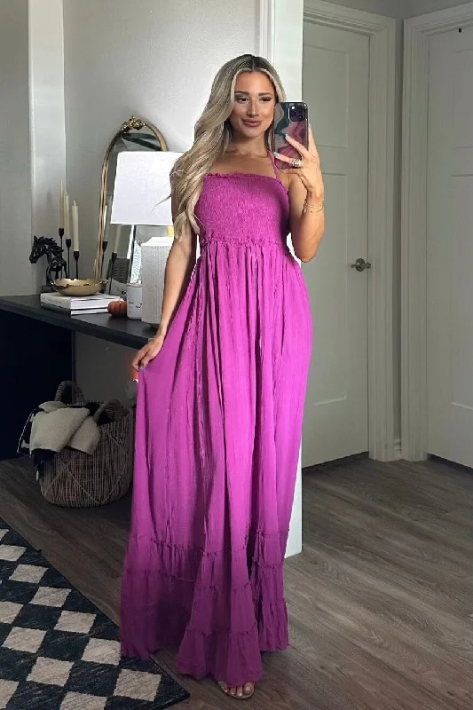 Halter Neck Women Dress to Show Off the Shoulders and NecklineHalter Neck Women Dress to Show Off the Shoulders and NecklineChandler Smocked Open Back Maxi Dress: Orchid