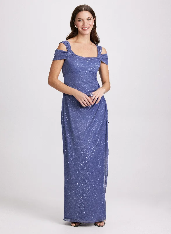Ball Gown Women Dress with a Full Skirt for a Princess - like LookBall Gown Women Dress with a Full Skirt for a Princess - like LookGlitter Cold Shoulder Dress