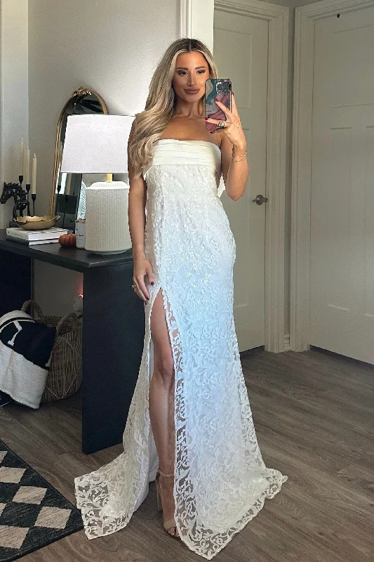 Lace - Embellished Women Dress for an Elegant and Sophisticated AppearanceLace - Embellished Women Dress for an Elegant and Sophisticated AppearanceHello Lover Bow Back Shimmer Lace Maxi Dress: White