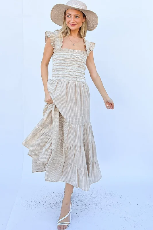 Mermaid - Style Women Dress with a Fitted Silhouette for Special OccasionsMermaid - Style Women Dress with a Fitted Silhouette for Special OccasionsLinen Striped Ruffle Maxi Dress