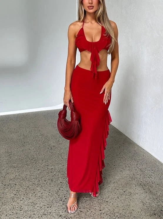 Ruffled Women Dress with Multiple Layers for a Playful and Girly StyleRuffled Women Dress with Multiple Layers for a Playful and Girly StyleSannah red ruffle co ord set