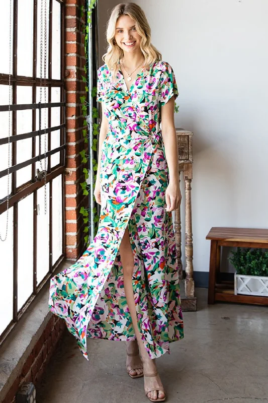 Off - the - Shoulder Women Dress for a Romantic and Feminine LookOff - the - Shoulder Women Dress for a Romantic and Feminine LookSlit Printed Surplice Tie Waist Short Sleeve Dress