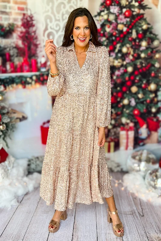 Maxi Women Dress with Floral Print for a Bohemian VibeMaxi Women Dress with Floral Print for a Bohemian VibeSSYS The Tinsley Long Sleeve Maxi Dress In Champagne Sequin