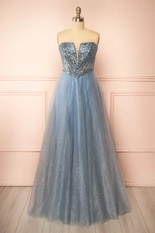 Off - the - Shoulder Women Dress for a Romantic and Feminine LookOff - the - Shoulder Women Dress for a Romantic and Feminine LookYeji Blue Grey | Sparkly Maxi Dress w/ Embroidered Bodice