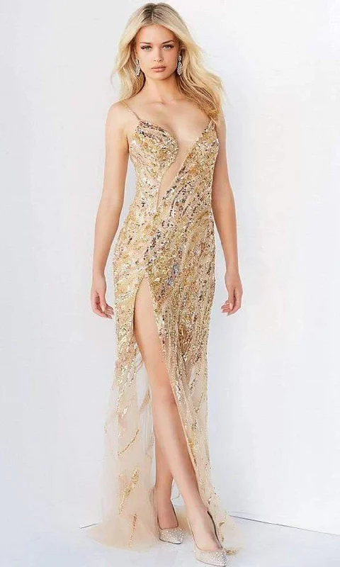 Off - the - Shoulder Women Dress for a Romantic and Feminine LookOff - the - Shoulder Women Dress for a Romantic and Feminine LookJovani - 04195 Bejeweled Slit Cut Out Long Gown