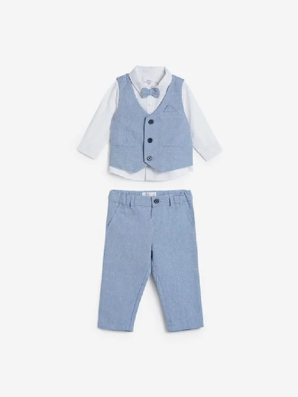 Embroidered Women Shorts with Intricate DesignsBaby HOP Blue Shirt, Waistcoat, Bow And Shorts Embroidered Women Shorts with Intricate DesignsBaby HOP Blue Shirt, Waistcoat, Bow And Shorts