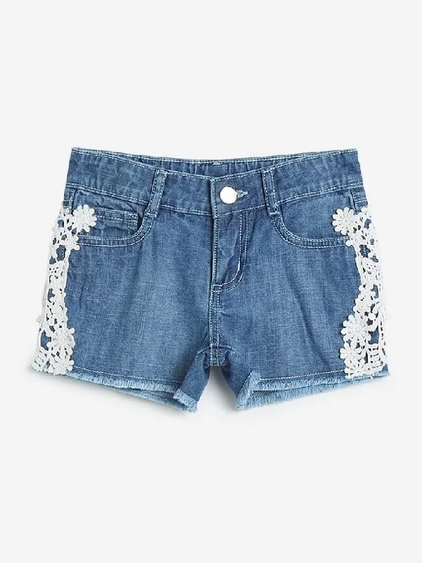 Cuffed Women Shorts for a Laid - Back and Trendy LookHOP Kids Blue Lace-Detailed Denim Shorts Cuffed Women Shorts for a Laid - Back and Trendy LookHOP Kids Blue Lace-Detailed Denim Shorts