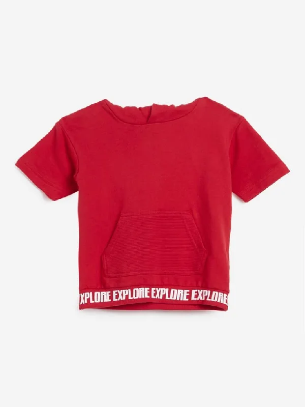 Stretchable Women Shorts for Maximum MobilityHOP Kids Red Text Print Hooded T-Shirt