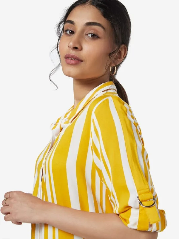 Bermuda Women Shorts for a Classic and Sophisticated LookLOV Mustard Striped High-Low Kiko Casual Shirt Bermuda Women Shorts for a Classic and Sophisticated LookLOV Mustard Striped High-Low Kiko Casual Shirt