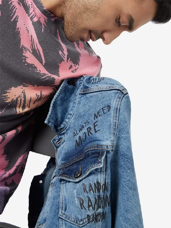 Leather Look Women Shorts for an Edgy and Chic StyleNuon Blue Text Printed Slim-Fit Jacket Leather Look Women Shorts for an Edgy and Chic StyleNuon Blue Text Printed Slim-Fit Jacket