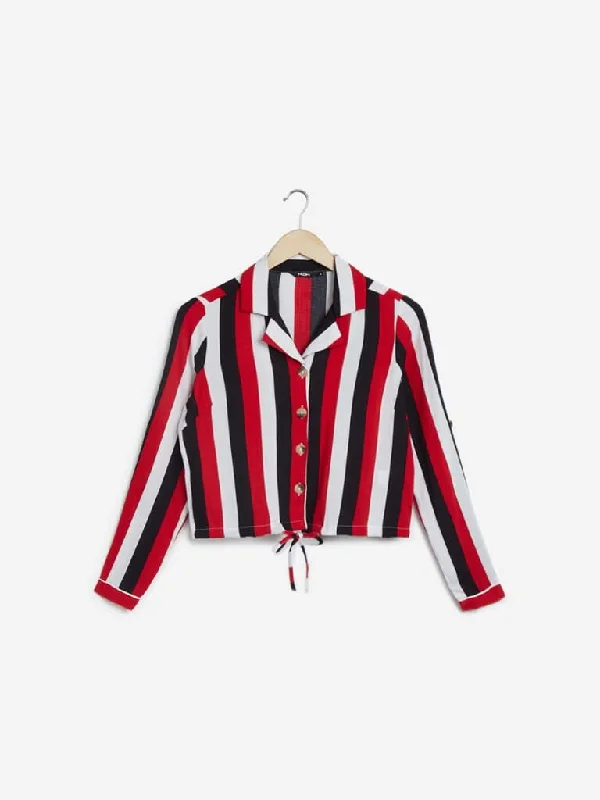 Ruffled Hem Women Shorts to Add a Feminine TouchNuon Red Striped Riddle Cropped Shirt Ruffled Hem Women Shorts to Add a Feminine TouchNuon Red Striped Riddle Cropped Shirt