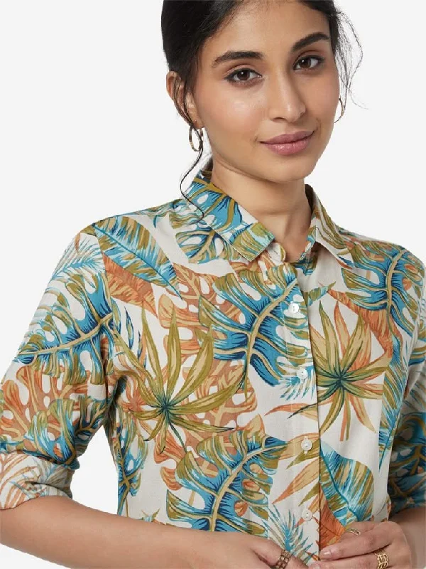 Linen Women Shorts for Breathable Comfort in Hot WeatherUtsa Multicolour Tropical Leaf Ethnic Shirt Linen Women Shorts for Breathable Comfort in Hot WeatherUtsa Multicolour Tropical Leaf Ethnic Shirt