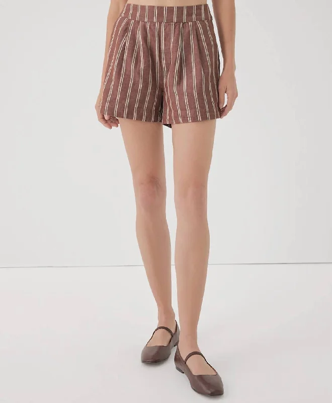 Patterned Geometric Women Shorts for a Modern AppealWomen's Canopy Linen Blend Pleated Short In Mahogany Stripe Patterned Geometric Women Shorts for a Modern AppealWomen's Canopy Linen Blend Pleated Short In Mahogany Stripe