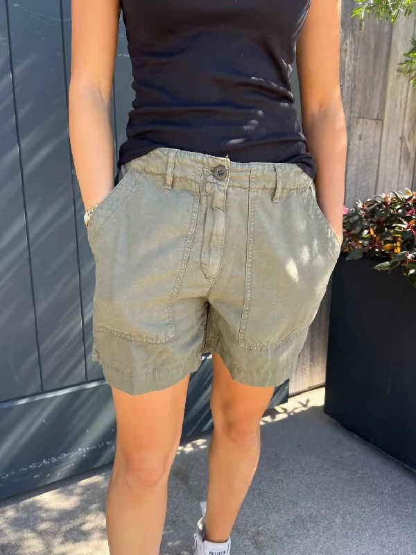 Tie - Waist Women Shorts for a Customizable FitWoven Cotton Linen Short In Army