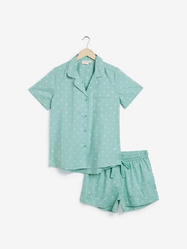 Embroidered Women Shorts with Intricate DesignsWunderlove Mint Polka-Dot Shirt and Shorts Set Embroidered Women Shorts with Intricate DesignsWunderlove Mint Polka-Dot Shirt and Shorts Set