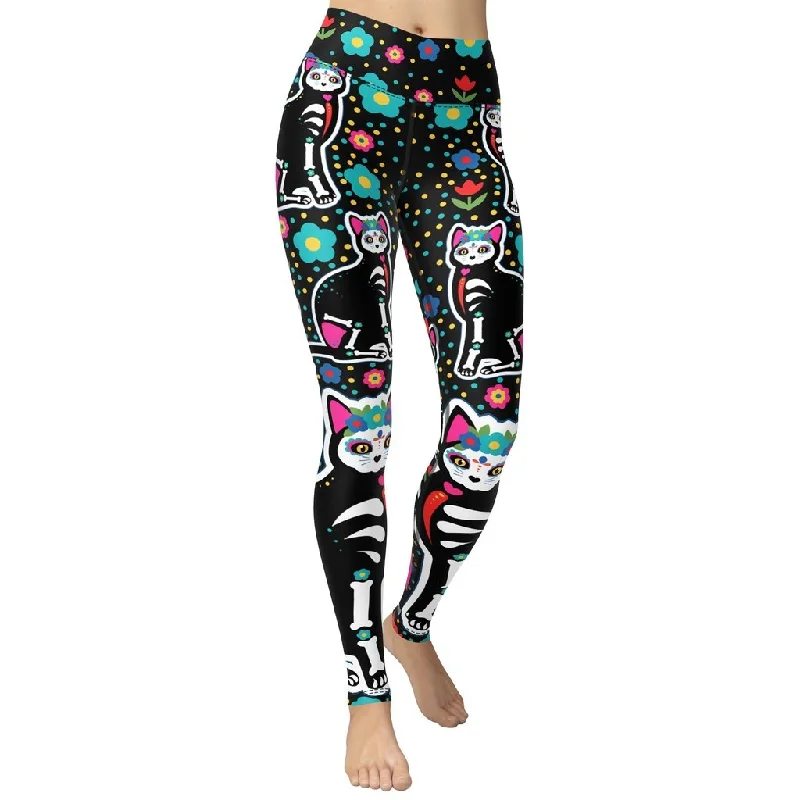 Women's Tight Trousers with Elastic Waistband in Black for Easy and Comfortable WearDay of the Dead Cat Print Yoga Leggings Women's Tight Trousers with Elastic Waistband in Black for Easy and Comfortable WearDay of the Dead Cat Print Yoga Leggings