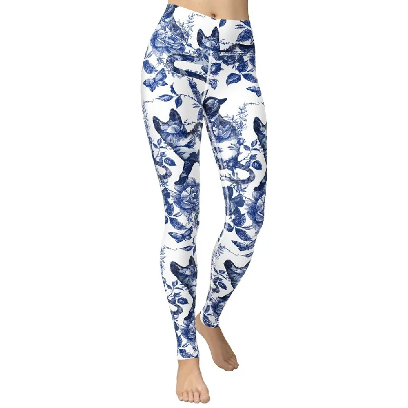 Women's High - Waisted Tight Trousers with Side Slits in Beige for a Trendy LookFloral Porcelain Cats Yoga Leggings Women's High - Waisted Tight Trousers with Side Slits in Beige for a Trendy LookFloral Porcelain Cats Yoga Leggings