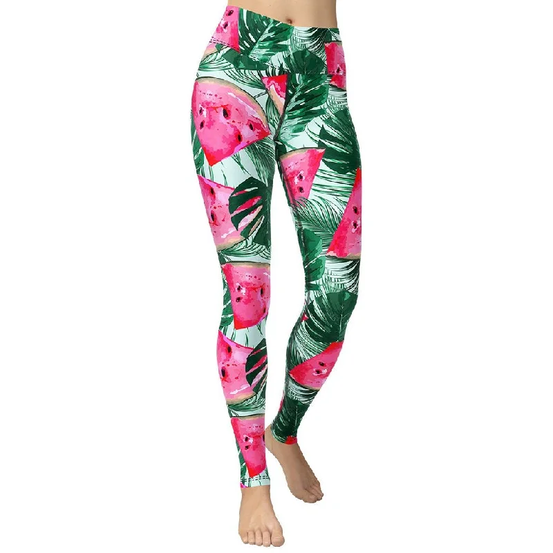 Women's Tight Trousers with Mesh Panels in Black for a Sexy and Modern AppearancePalm Leaves & Watermelon Yoga Leggings Women's Tight Trousers with Mesh Panels in Black for a Sexy and Modern AppearancePalm Leaves & Watermelon Yoga Leggings